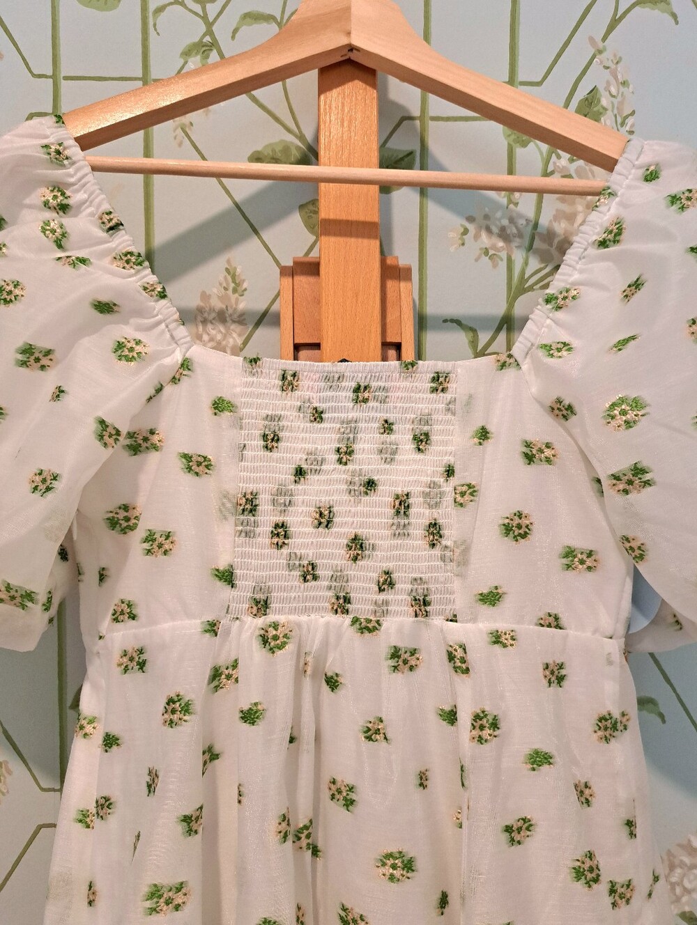 Floral Puff-Sleeve Hill House "Matilda" Midi Dress in White and Green - Picture 9 of 11